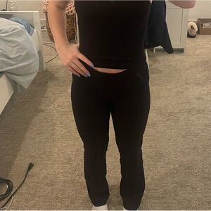 Medium, Black straight leg leggings (wide but not wide legged)